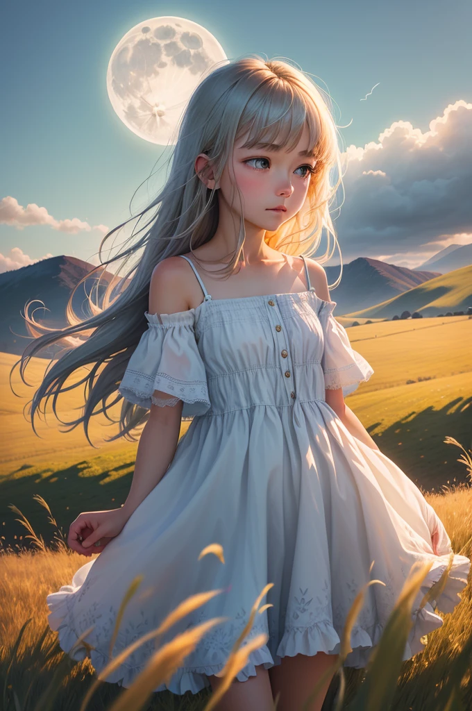 grassy fields,Shrouded in moonlight,Distant girl,far off,broad,dream magical,White moonshine,the night,The wind blows hair,Wide meadow