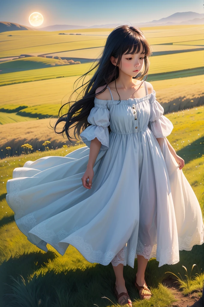 grassy fields，Shrouded in moonlight，Distant girl，far off，broad，dream magical，White moonshine，the night，The wind blows hair，Wide meadow