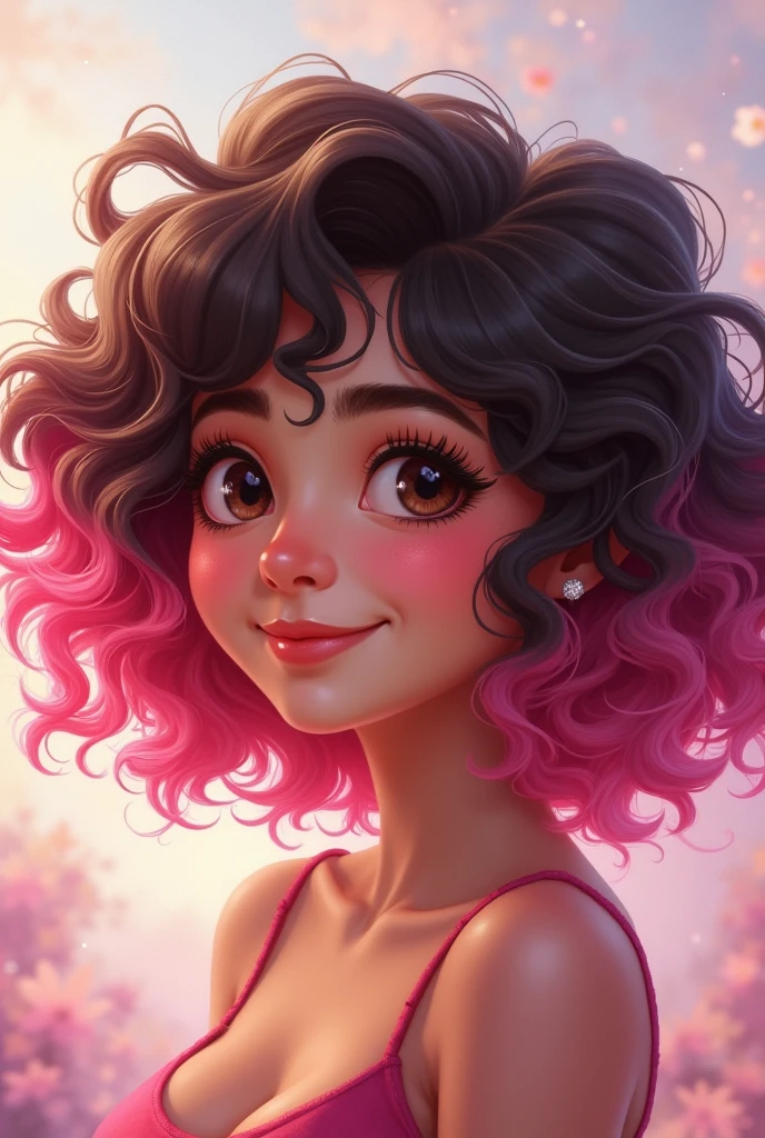 Short chubby brunette woman with pink hair