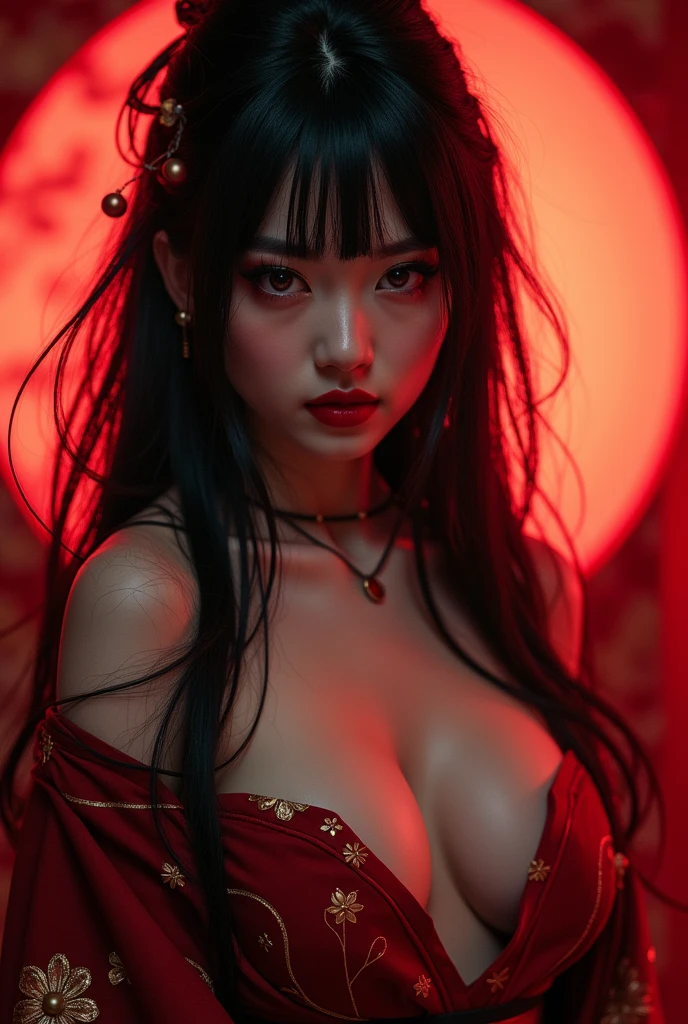 A girl with long loose black hair, crimson red eyes. Deep red lipstick, red eye shadow , Full body very big breasts demon, full body full nude dancing , full body with geisha clothes , big breasts