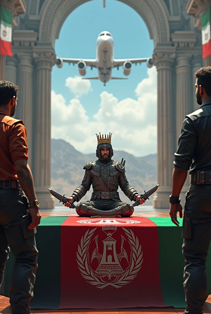 One of the PUBG players is sitting on the royal table in the Roman PUBG arena and he has an ice computerized rifle in his hand, and the Afghan flag, which actually has black, red, green colors, is hanging on his chest, and two other people, one Iranian and the other Pakistani, are looking at each other. Afghan kneeling in front and two other people on the side of the Afghan who is sitting on the royal table, these are his knives and a plane is flying in the air.. And on the head of the Afghan sitting on the table is a crown. The flag of Afghanistan is clear and the logo of the Ministry of Interior of Afghanistan is also there..