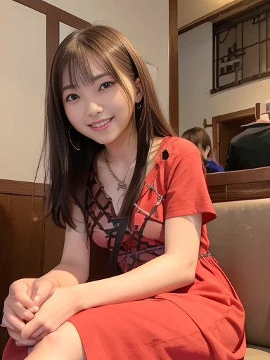 Japanese female, (underweight), (medium bust best quality:1.0), 30 years old, (cheerful grin:1.3),
party venue, delightful, sitting, ((cross-legged:1.5)), shiny hair, medium hair, (long night dress), (light red Clothes), necklace, in the restaurant, with a sofa, full body shot, front view, from below,