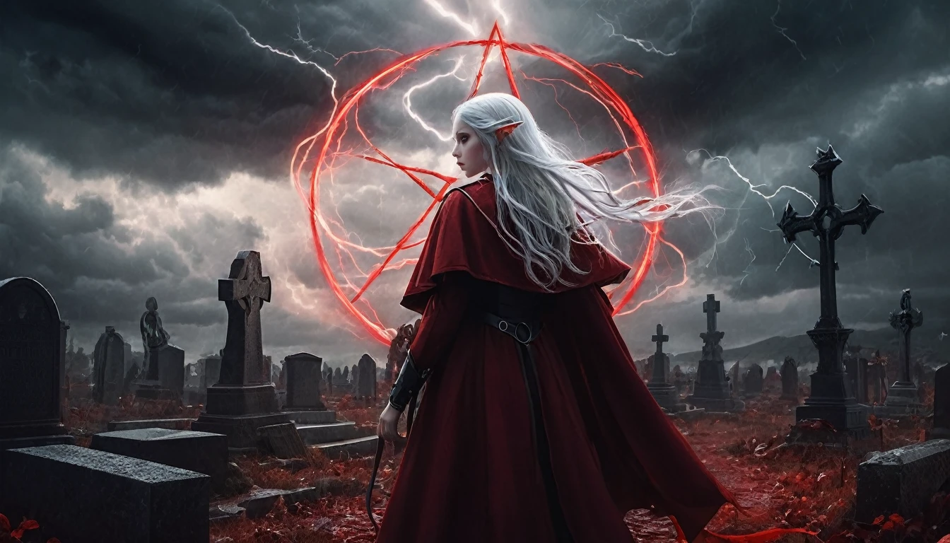 **Prompt em inglês:** *Frieren stands in the middle of an ancient cemetery under a glowing red pentagram circle etched into the ground. Red, pulsating energy flows intensely from the circle, emanating powerful mana that swirls around her. The energy invades two nearby graves, as tendrils of red light snake into the earth. Frieren’s pointed elven ears are visible as she focuses on the magic, her white hair and cloak fluttering in the growing storm. The sky above darkens, with heavy clouds swirling ominously, lightning striking in the distance. The entire scene is infused with red and dark tones, creating a dramatic and ominous atmosphere. Every detail is rendered in hyper-realistic quality, from the eerie red light enveloping the cemetery to the realistic skin textures, shadows, and dynamic storm clouds above.*
