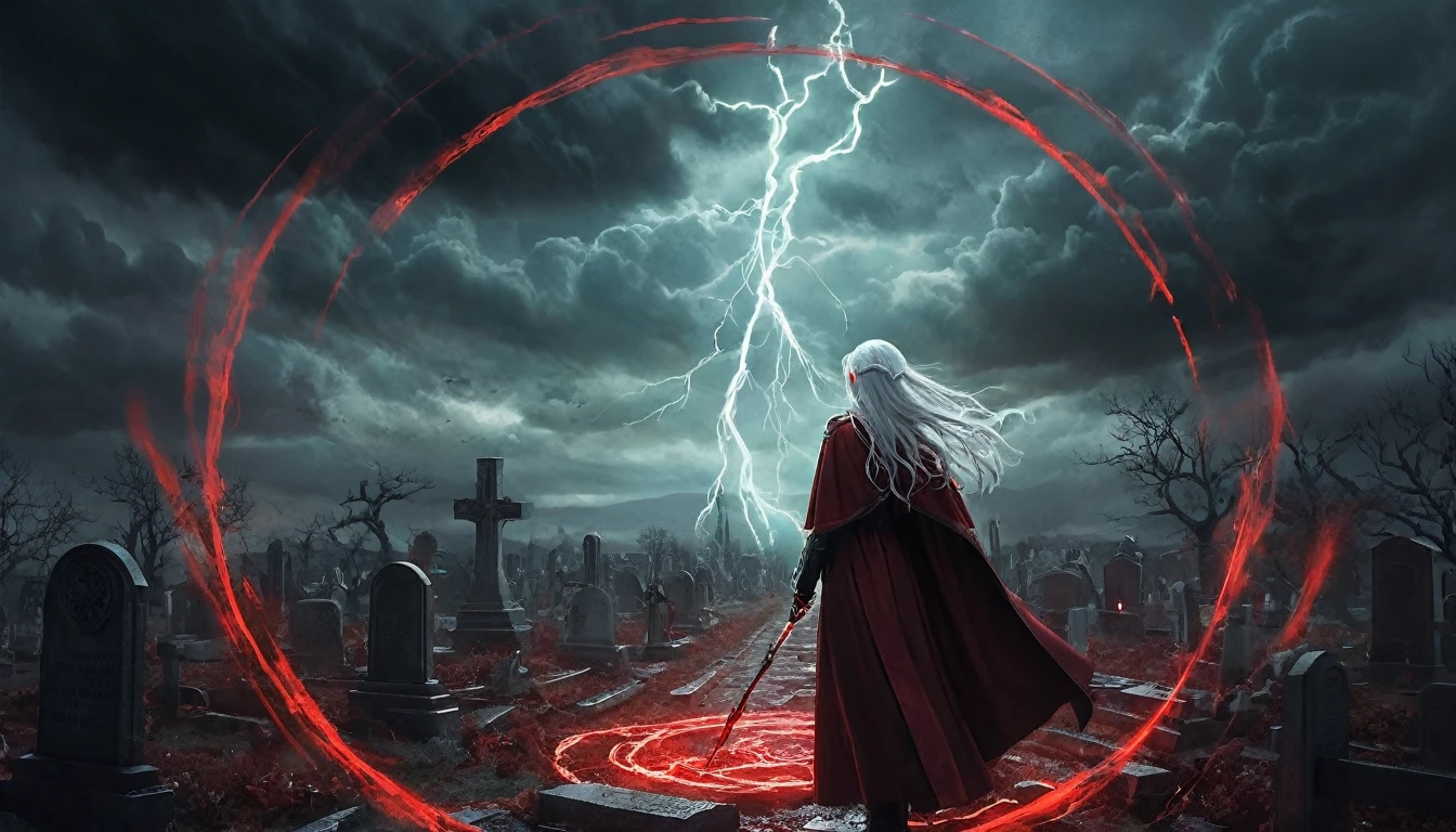 **Prompt em inglês:** *Frieren stands in the middle of an ancient cemetery under a glowing red pentagram circle etched into the ground. Red, pulsating energy flows intensely from the circle, emanating powerful mana that swirls around her. The energy invades two nearby graves, as tendrils of red light snake into the earth. Frieren’s pointed elven ears are visible as she focuses on the magic, her white hair and cloak fluttering in the growing storm. The sky above darkens, with heavy clouds swirling ominously, lightning striking in the distance. The entire scene is infused with red and dark tones, creating a dramatic and ominous atmosphere. Every detail is rendered in hyper-realistic quality, from the eerie red light enveloping the cemetery to the realistic skin textures, shadows, and dynamic storm clouds above.*
