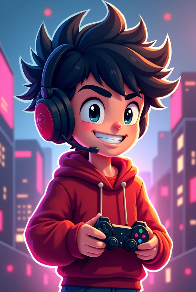 Create a mascot logo where the mascot is a gamer boy with dark black hair wearing a red sweater