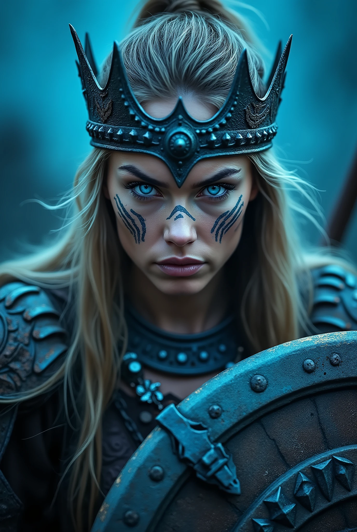Close up face beautiful viking woman, axe and shield in hand , strong blue light in the eyes, war crown , tribal design on the eyes, Angry, beautiful neck necklace, battle armor, with hate, shouting out loud