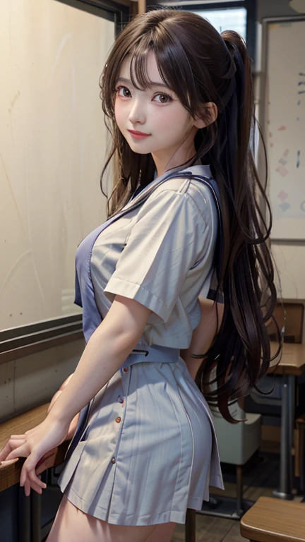 (Highest quality,masterpiece:1.3,Ultra-high resolution),(Very detailed、Caustics) (Realistic:1.4, RAW shooting、)Ultra-Realistic Capture、Very detailed、Natural skin texture、masterpiece、(junior high school sailor suit:1.3)、Short-sleeved sailor uniform、1 Japanese girl、Adorable expression、Expressions of happiness、、Young Face、Amazingly cute、Twin tails、Curly Hair、Black Hair、Scrunchie、light makeup、Breasts so big that they almost burst、Bare arms、This photo was taken in a middle school classroom...、Shining thighs、Shooting from the side、smile、An inviting gaze、The exact number of fingers on each hand、Cowboy Shot、