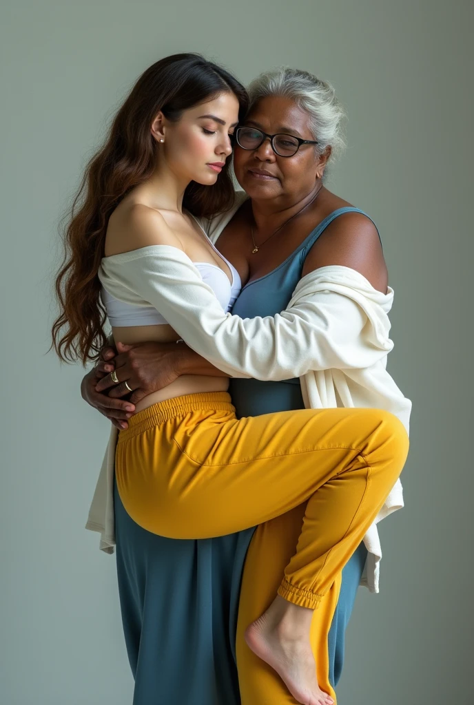 Create a photo of a 30 year old woman, with a slender and beautiful body, wearing yellow sweatpants and an open white shirt and no bra, with white and clear skin, with long brown hair is being picked up and carried in the arms of a 90 year old elderly lady, obese woman who has dark black skin and is wearing a blue dress and glasses