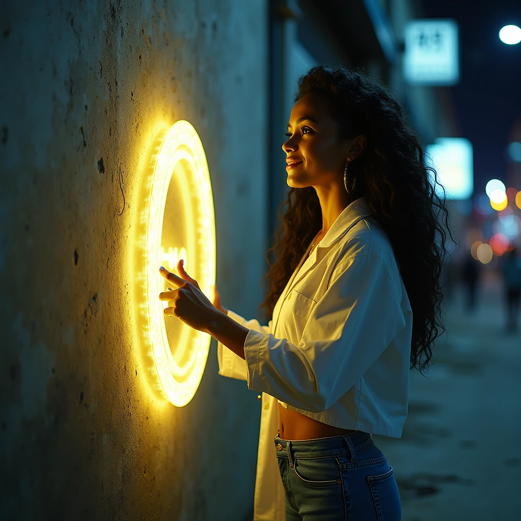 realistic photo of a (pretty girl, 20 years old, brunette, black eyes) in confortable casual outfit and short lab coat at dirty street at night opening an energy portal at bare wall, (full lips) , ((perfect face)), [[mild smile]], proportionate body,mixed herritage, beautyfull, beautyfull face, tanned skin, two arms, two legs, five fingers by hand, full body, (softly curly black long hair but non-afro), rick and morty like portal but realistic photo, sliders like portal, casual jeans and top under cropped open laboratory coat, vibrant energy portal open over a mundane dirty wall at background, portal atached the wall, portal is not a material body but better an energy thing, Brunette girl opens the portal with a device on hands
