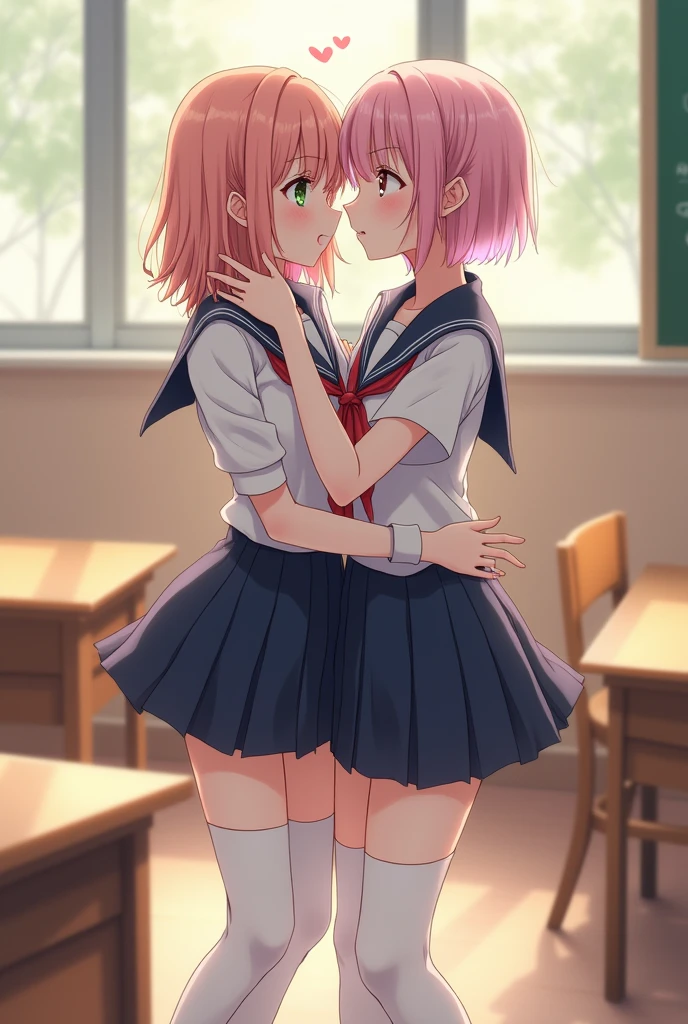 Two cute anime femboys kissing and touching in the classroom full body whight high thighs