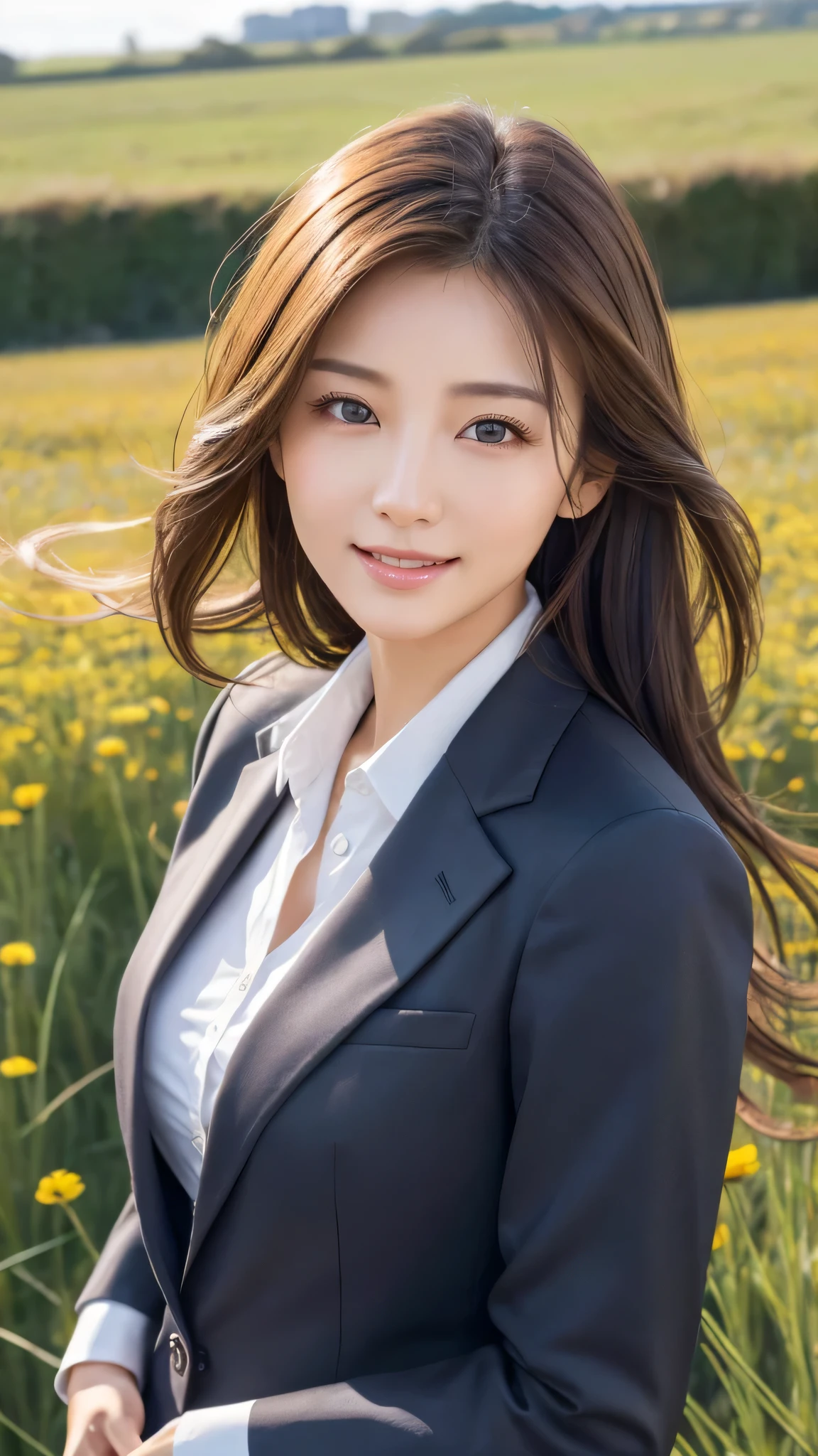 highest quality、genuine、Super detailed、finely、High resolution、8k wallpaper、one beautiful woman、、、light brown disheveled hair、wearing a business suit、sharp focus、perfect dynamic composition、beautiful and detailed eyes、thin hair、Detailed genuine skin texture、smile、model body shape、In a windswept meadow