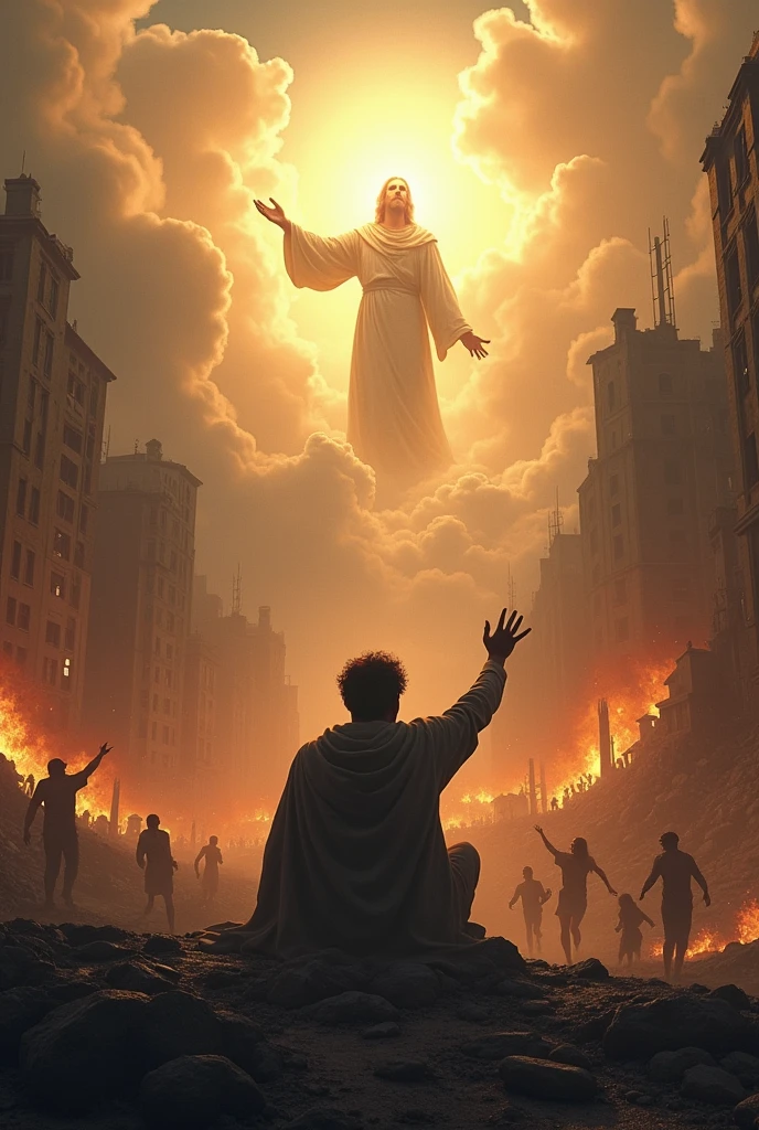 An image showing a city in ruins, with buildings on fire and people fleeing in panic. En el centro de la imagen, one  men (Jonas) is sitting on the edge of town, with hand raised in warning. In the background of the image, a figure of God is coming out of the cloud, with a look of mercy and love. The image should convey a sense of danger and destruction., but also of hope and salvation