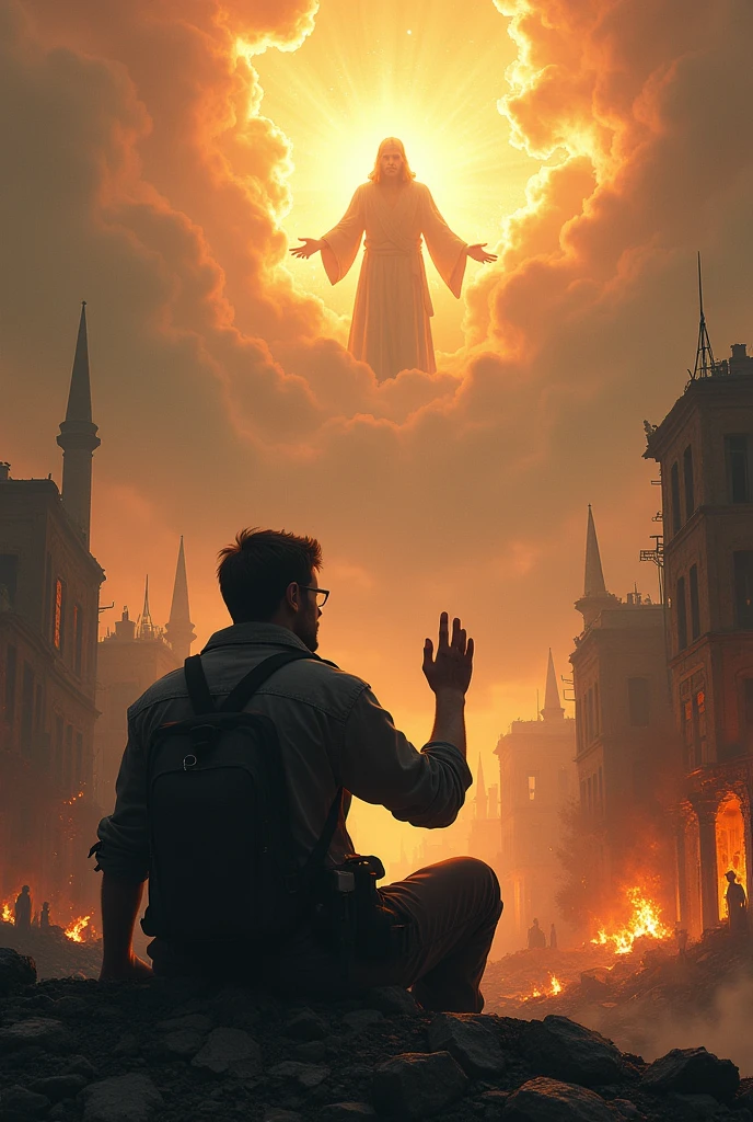 An image showing a city in ruins, with buildings on fire and people fleeing in panic. En el centro de la imagen, one  men (Jonas) is sitting on the edge of town, with hand raised in warning. In the background of the image, a figure of God is coming out of the cloud, with a look of mercy and love. The image should convey a sense of danger and destruction., but also of hope and salvation