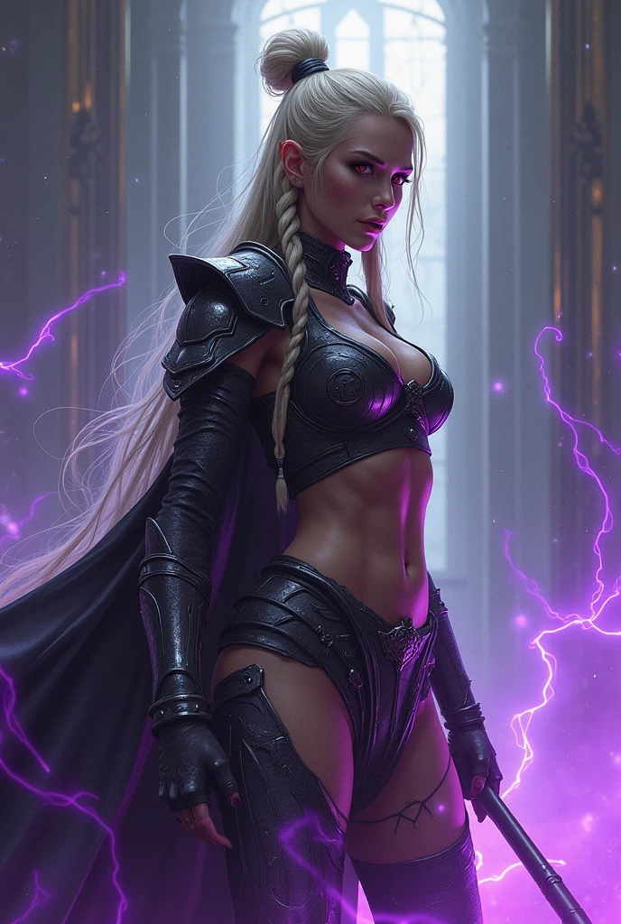 very old woman of 80 years ,with many wrinkles on the skin,She is a warrior goddess,with very long straight hair with braids, bun and blonde bangs,con armadura very sexy,Fitness ass,cuolna,very big tight tits,minimalist set,with a powerful staff,red eyes,eyes thickly lined with black,With horns,very sexy,very skinny body,too thin waist,ass with thong,posing sideways,LOOKING AT THE SPECTATOR,surrounded by magical energy,surrounded by violet fire and electric rays,Real photo,human photo,photo without animation,Real photoista,non-animated photo,