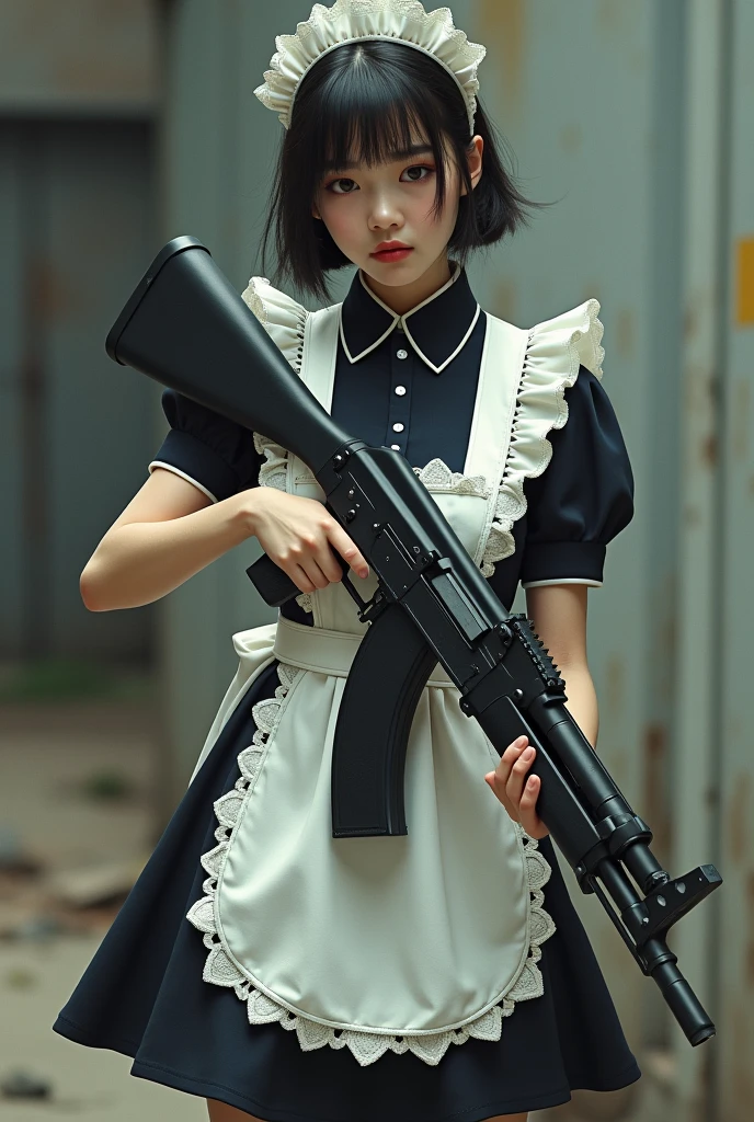 a girl in a maid outfit with an ak47 in her hand