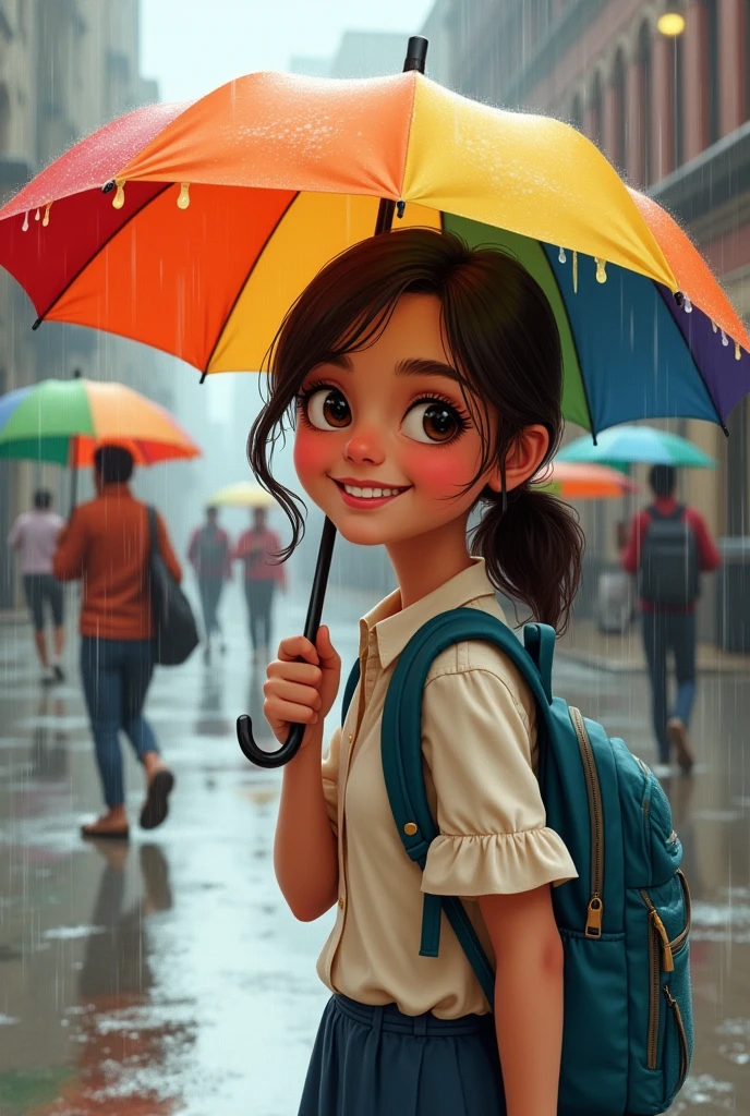 Drawing of a smiling latina girl with a backpack, with blouse and skirt reserved, with umbrellas in the rain like Jehovah's Witnesses
