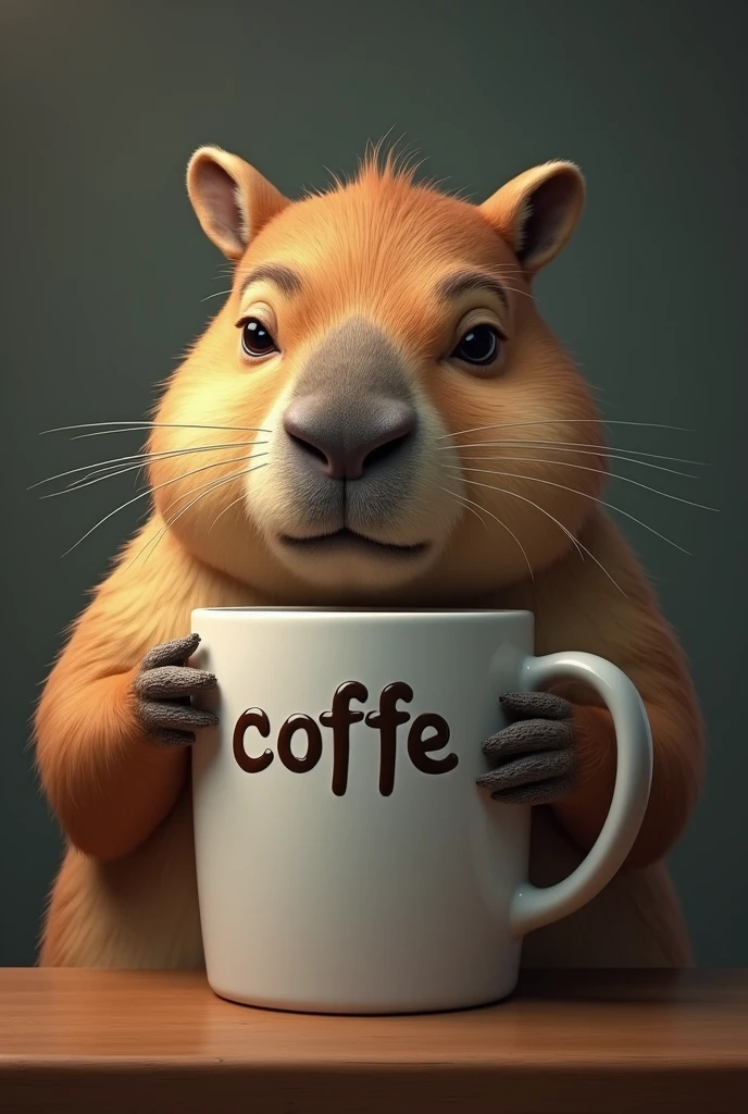 A capybara with a tired face and dark circles under his eyes drinking a giant cup of coffee, with a writing "coffe"