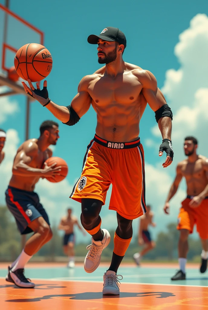 Imagine mexican shirtless 1 basketball player wearing black cap and orange basketball shorts and knee high soccer socks and gloves playing basketball with friends