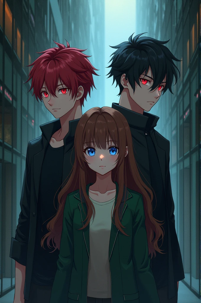 A brown-haired girl with blue eyes stands next to a man with red hair and eyes., then behind them there was another man with black hair and red eyes. The background atmosphere of the holding place (art Anime style)