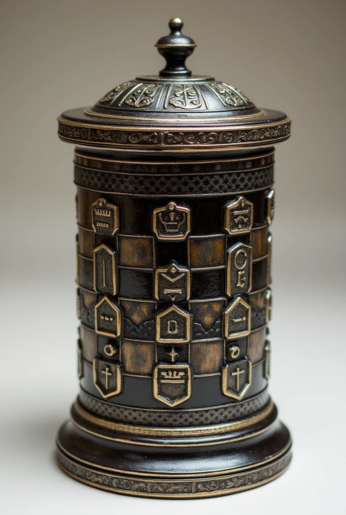 Create a small trash can that has a chess tower theme 