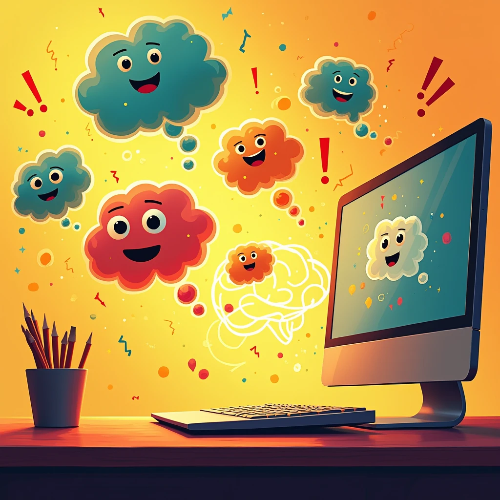 An illustration in shades of yellow and orange, showing an intense digital brainstorm on a computer screen. Several bubbles of ideas are emerging from a computer keyboard, like little clouds of creative thoughts. The bubbles are of different sizes and shapes, each representing a different idea or concept. Some have eyes or smiles to indicate that they are more important or interesting, while others have an exclamation mark to suggest surprise or excitement. In the background is a graphic that represents the creative mind in action, with lines and curves that suggest the flow of ideas. The computer keyboard is surrounded by an aura of yellow and orange, highlighting the creative energy being generated. The composition should have a sense of movement and energy, with the yellow and orange tones creating an atmosphere of innovation and creativity. The idea bubbles should be colorful and vibrant, suggesting the diversity and richness of the content being generated.