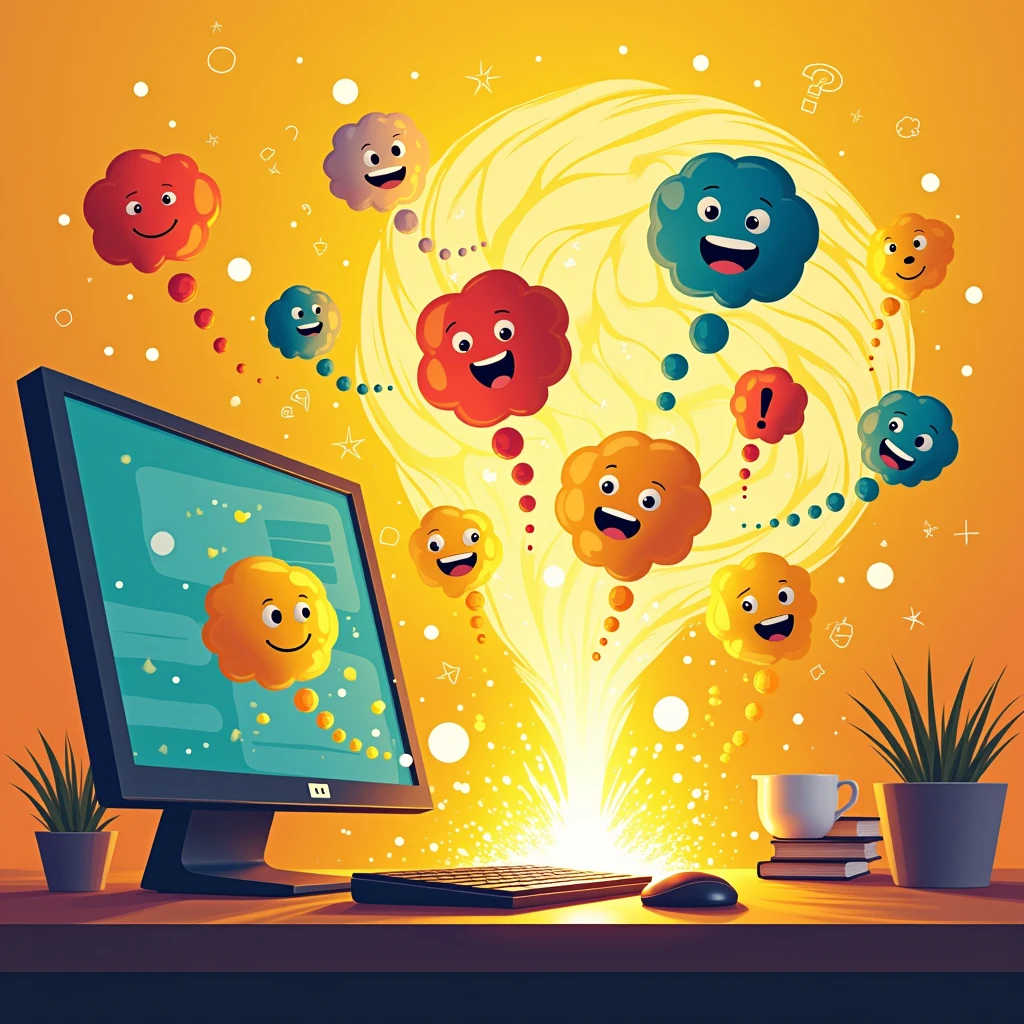 An illustration in shades of yellow and orange, showing an intense digital brainstorm on a computer screen. Several bubbles of ideas are emerging from a computer keyboard, like little clouds of creative thoughts. The bubbles are of different sizes and shapes, each representing a different idea or concept. Some have eyes or smiles to indicate that they are more important or interesting, while others have an exclamation mark to suggest surprise or excitement. In the background is a graphic that represents the creative mind in action, with lines and curves that suggest the flow of ideas. The computer keyboard is surrounded by an aura of yellow and orange, highlighting the creative energy being generated. The composition should have a sense of movement and energy, with the yellow and orange tones creating an atmosphere of innovation and creativity. The idea bubbles should be colorful and vibrant, suggesting the diversity and richness of the content being generated.