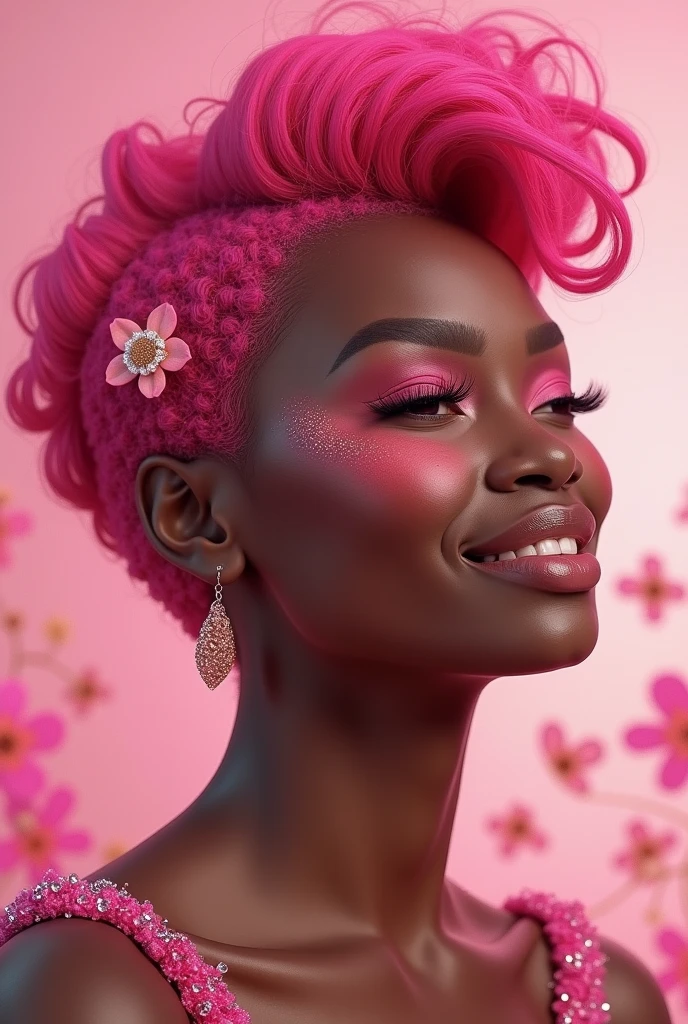 Short chubby black woman with pink hair