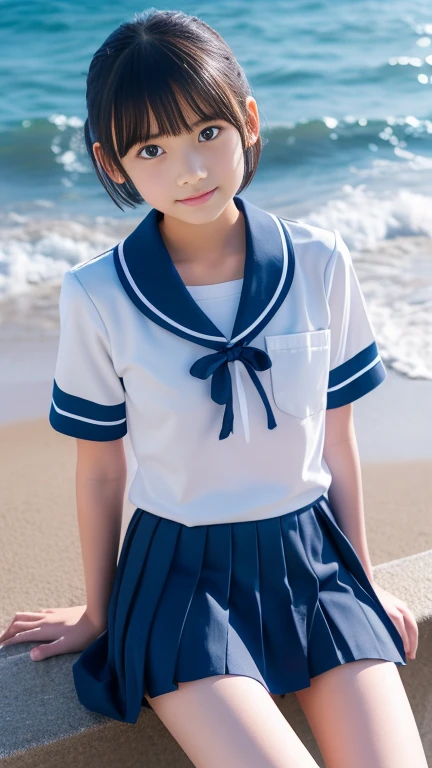 junior high school student、japanese young girl、uniform、the wind is blowing、flaps skirt、small and flat chest、short hair、high detail face、High level image quality、look at viewer、sit on the beach、