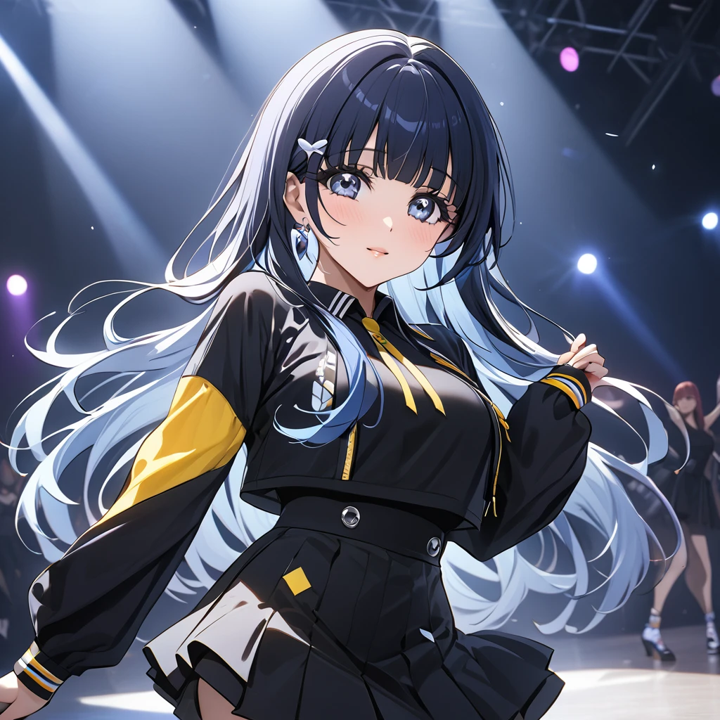 ((Highest quality)), ((masterpiece)), (detailed), （Perfect Face）、The woman is Aoki Reika, has medium-long hair and is a member of a K-POP girl group.、The woman is wearing a cool costume from a K-pop girl group and dancing a K-pop dance with grace and coolness.