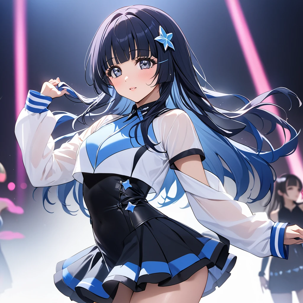 ((Highest quality)), ((masterpiece)), (detailed), （Perfect Face）、The woman is Aoki Reika, has medium-long hair and is a member of a K-POP girl group.、The woman is wearing a cool costume from a K-pop girl group and dancing a K-pop dance with grace and coolness.