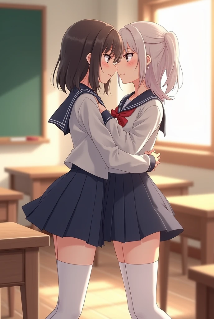 Two cute anime femboys kissing and touching in the classroom full body whight high thighs