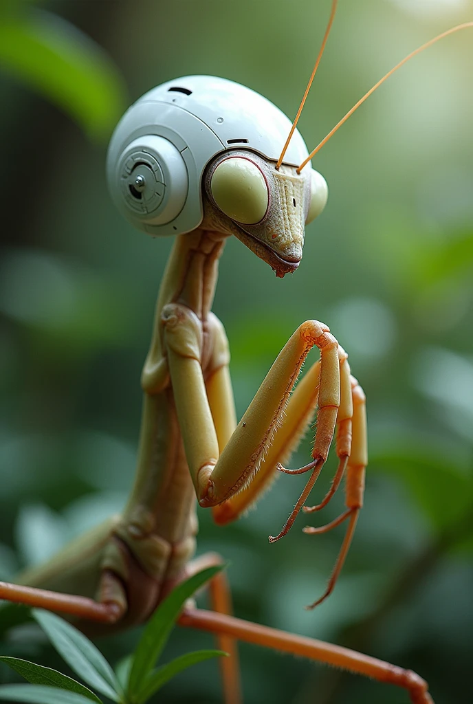 create a praying mantis with white helmet of environmental engineer working
