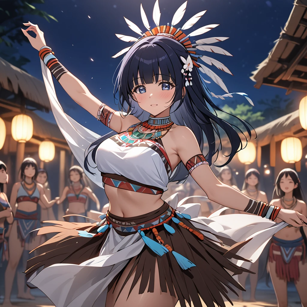 ((Highest quality)), ((masterpiece)), (detailed), (Perfect Face)、The woman is Aoki Reika, a tribal dancer with medium-long hair.、The woman is wearing a primitive tribal dance costume and dancing a mystical tribal dance.、night