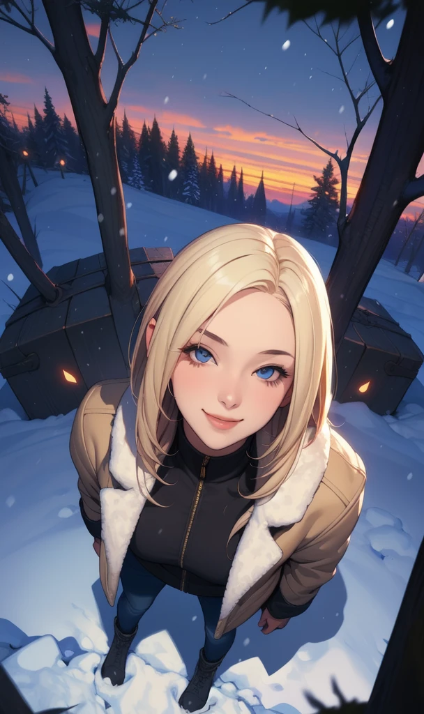 (work of art), (best qualityer), 1 girl, (face perfect:1.2), (beautiful  face:1.2), platinum blonde hair, (From  above, trunk:1.3), glad, drlight smile, looking ahead at viewer, pose, 
winter coat, plein-air, winter, neve, night time, intrikate, Depth of field, cinematic lighting,