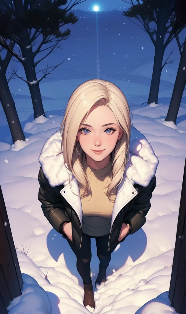(work of art), (best qualityer), 1 girl, (face perfect:1.2), (beautiful  face:1.2), platinum blonde hair, (From  above, trunk:1.3), glad, drlight smile, looking ahead at viewer, pose, 
winter coat, plein-air, winter, neve, night time, intrikate, Depth of field, cinematic lighting,