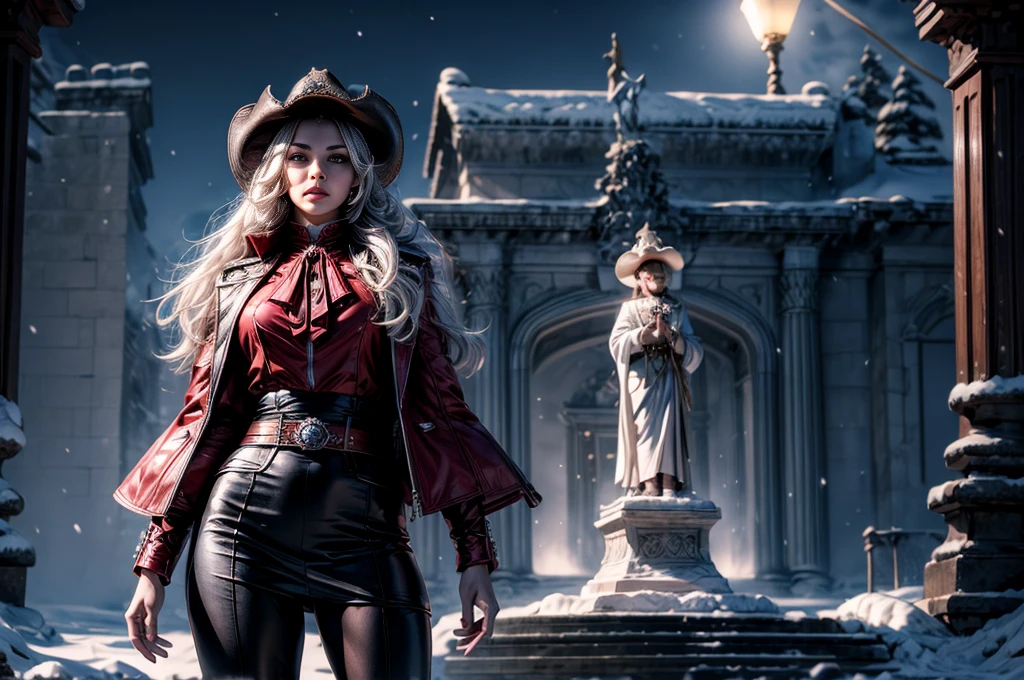 masterpiece,best quality, masterpiece, high detail,detailed face,detailed eyes,rendered eyes,perfect eyes,hip lines,crisp image,detailed,amazing,8k,8k wallpaper,8k background,high detailed skin,high res, (((cowboy shot))), solo, 1girl,looking at viewer,WillowSchnee, . Her attire consists of a white cravat secured by a silver brooch set with a red stone, as well as a light purple jacket with light sleeves, a wide belt around her waist, a matching pencil skirt with black tights and slippers. serious expression, outside stately mansion, snow, ice sculpture at center of hedge maze, holding wine glass, night, stars, servants and security detail standing by, (volumetric lighting), sharp focus, hyper detailed 