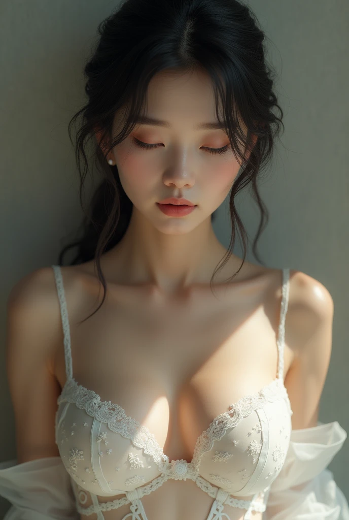 Young Japanese Woman, realisitic, breasts showing, shy expression.