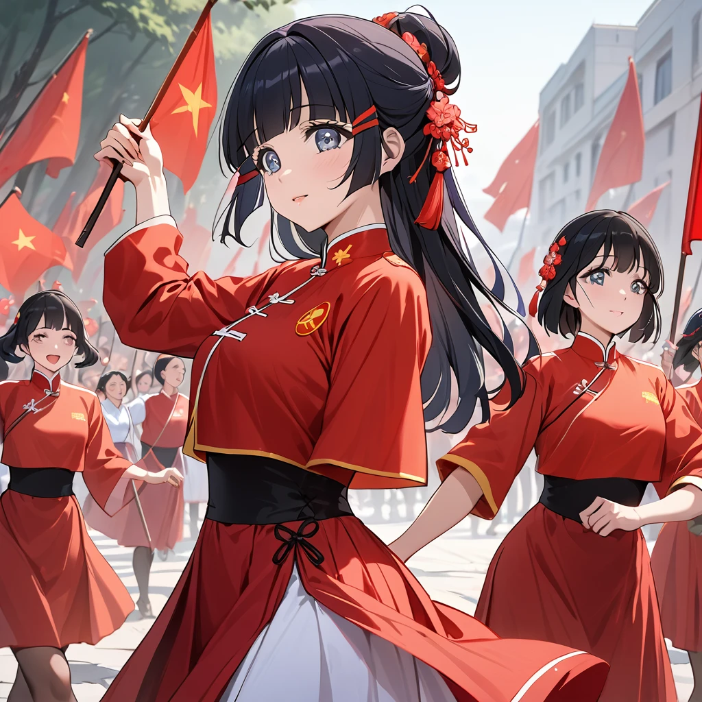 ((Highest quality)), ((masterpiece)), (detailed), (Perfect Face)、The woman is Aoki Reika, has medium-long hair and is a member of the Chinese Communist Party.、A woman wears a Chinese Communist Party folk dance costume and performs Chinese folk dance for China with female members at a Communist Party rally.