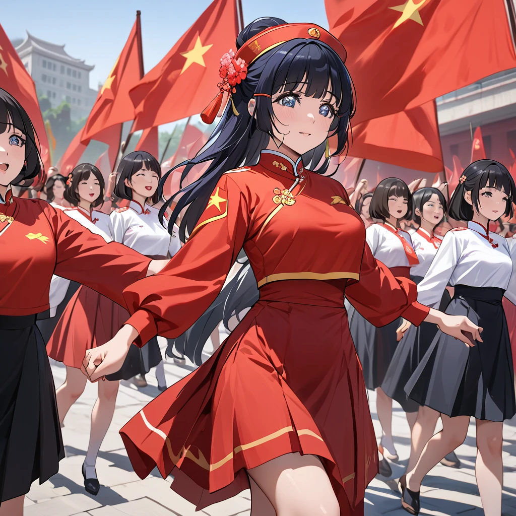 ((Highest quality)), ((masterpiece)), (detailed), (Perfect Face)、The woman is Aoki Reika, has medium-long hair and is a member of the Chinese Communist Party.、A woman wears a Chinese Communist Party folk dance costume and performs Chinese folk dance for China with female members at a Communist Party rally.