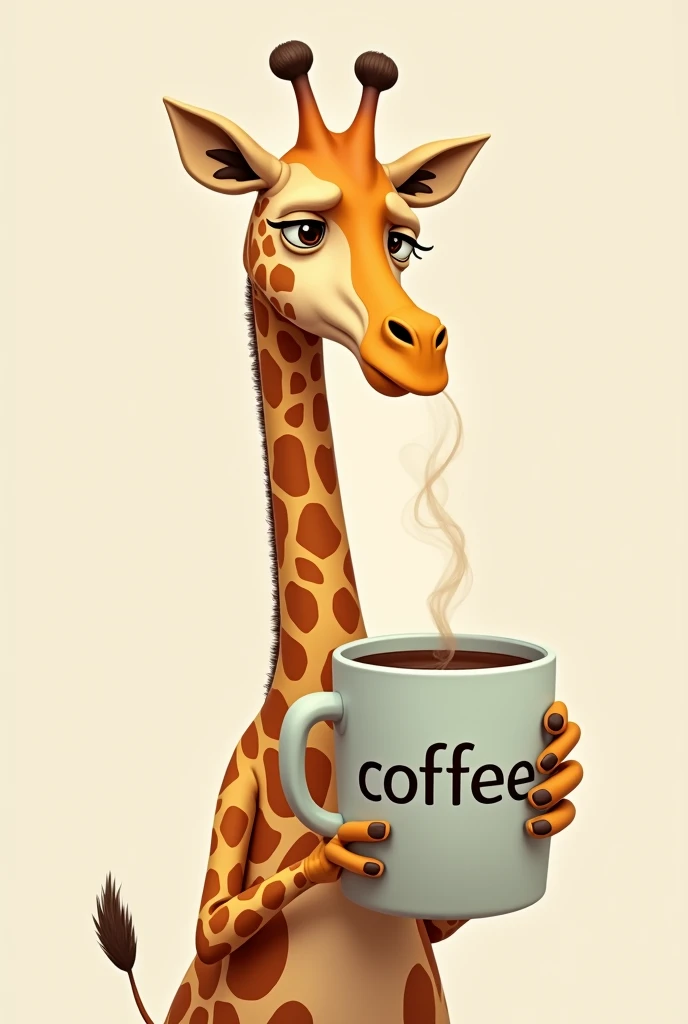 A giraffe with a tired face and dark circles under his eyes drinking a giant cup of coffee, with a writing "coffe"