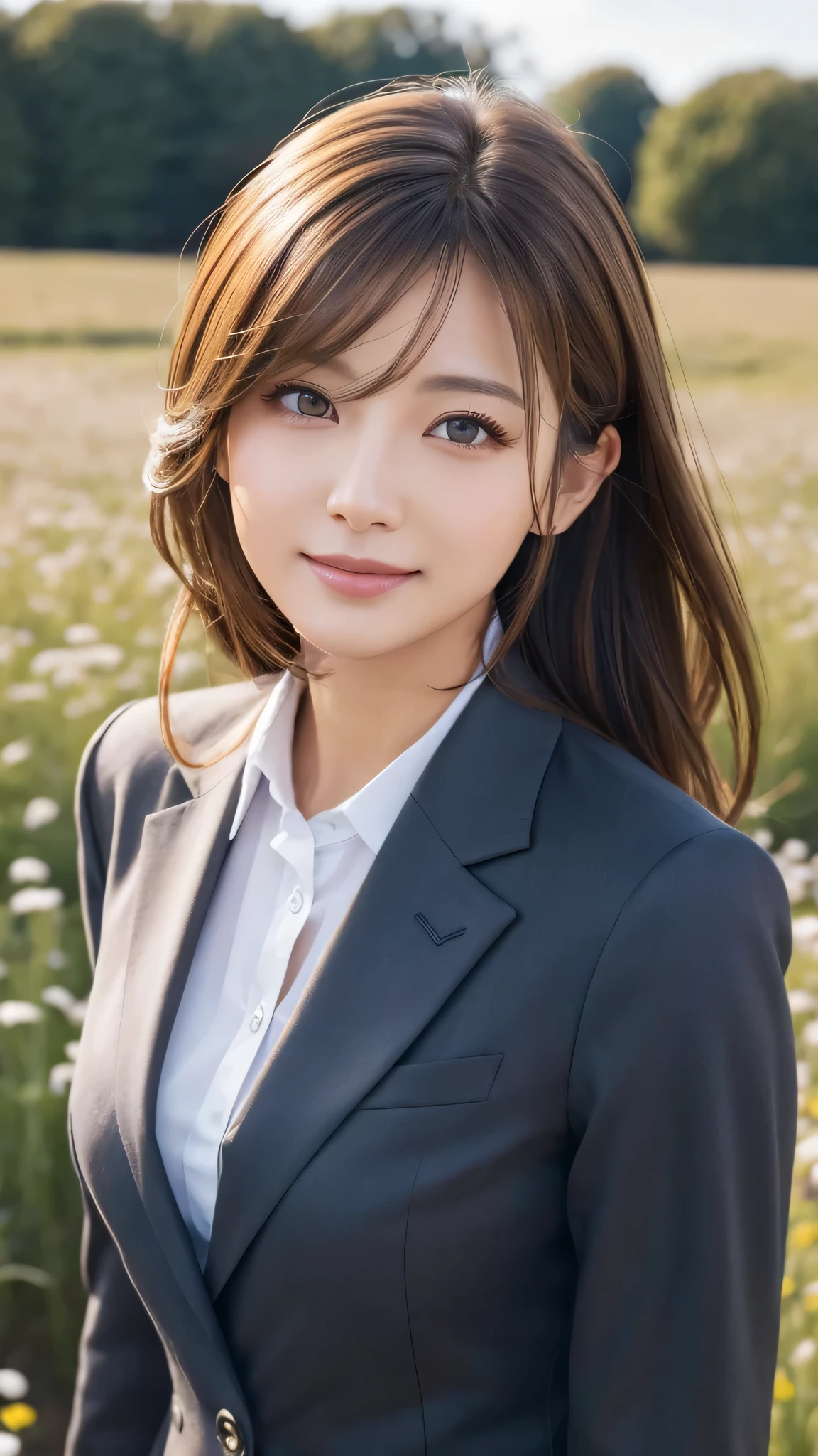 highest quality、genuine、Super detailed、finely、High resolution、8k wallpaper、one beautiful woman、、、light brown disheveled hair、wearing a business suit、sharp focus、perfect dynamic composition、beautiful and detailed eyes、thin hair、Detailed genuine skin texture、smile、model body shape、In a windswept meadow