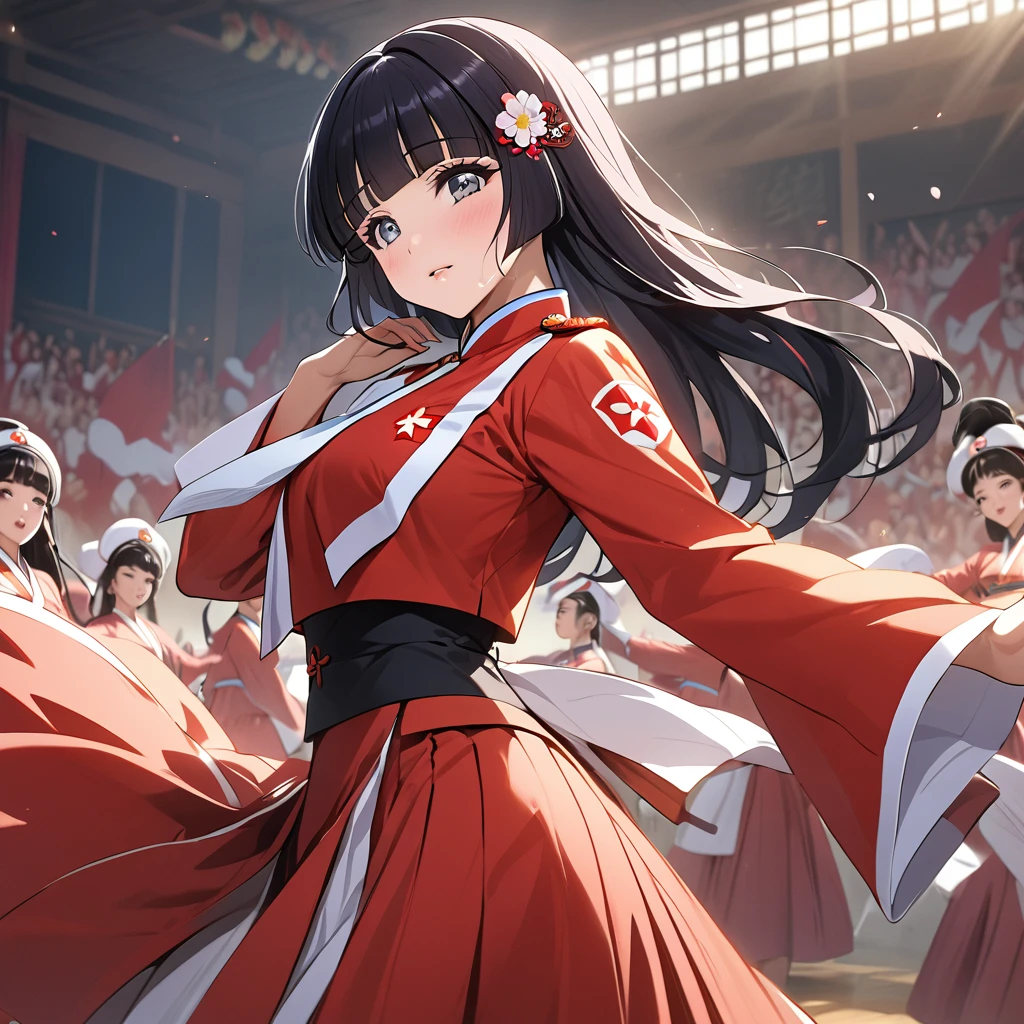 ((Highest quality)), ((masterpiece)), (detailed), （Perfect Face）、The woman is Reika Aoki with semi-long hair、The woman is a member of the North Korean Pleasure Squad and is dressed in North Korean national costume and performing a dance for the general.