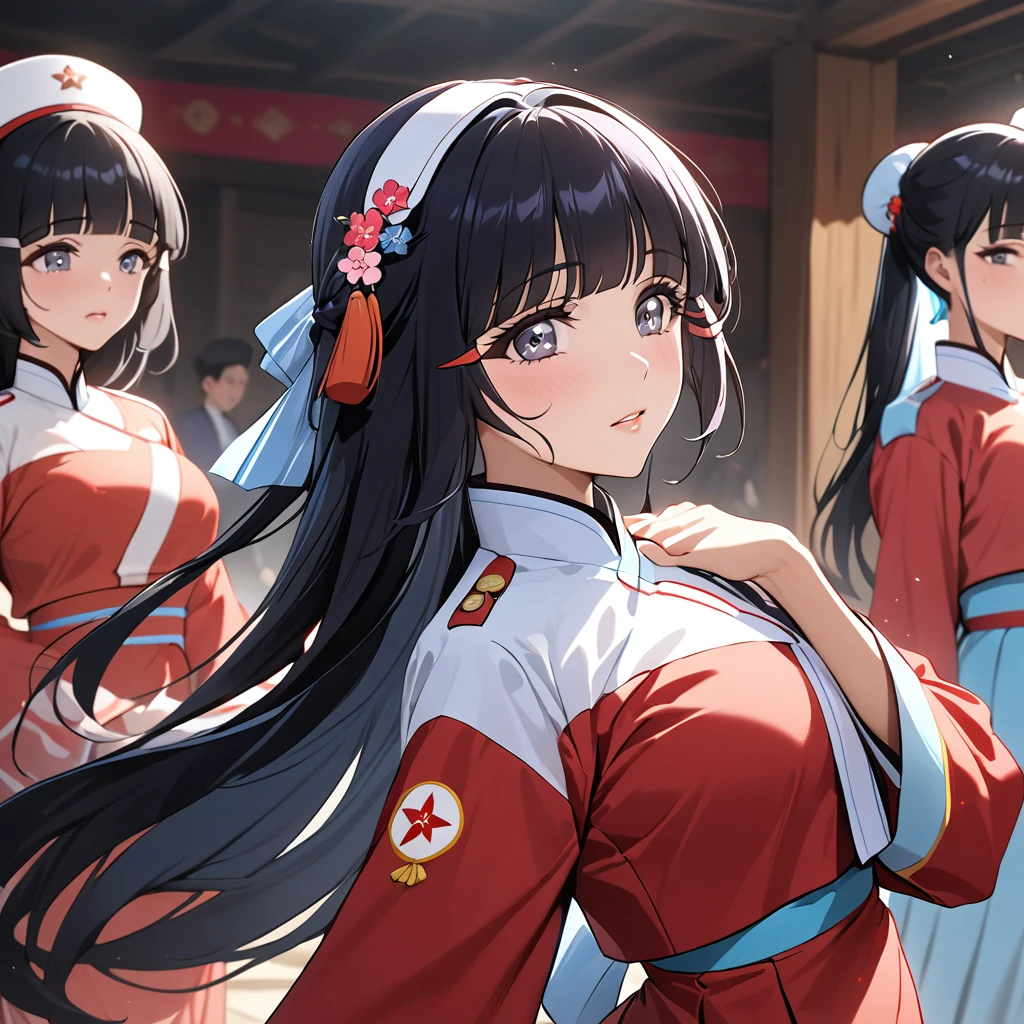 ((Highest quality)), ((masterpiece)), (detailed), (Perfect Face)、The woman is Reika Aoki with semi-long hair、The woman is a member of the North Korean Pleasure Squad and is dressed in North Korean national costume and performing a dance for the general.
