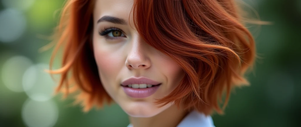  A closeup of shoulder lenght pixie cut icy red hair, with gold highlights, and the woman's face partially obscured in the style of her voluminous hairs. The focus is on the rich color of her hairstyle, set against an out of focus background that suggests natural surroundings.she wears bussiness attire, her lips have subtle pale purple , adding to the romantic atmosphere. Shot in soft lighting, the photograph captures every detail of texture and shine within her beautiful locks