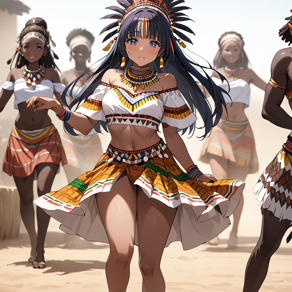 ((Highest quality)), ((masterpiece)), (detailed), （Perfect Face）、The woman is Reika Aoki, a native dancer from Ghana, Africa, with medium-long hair.、A woman is dancing an African native tribal dance in Ghanaian native African tribal dance costume and with a Ghanaian hairstyle