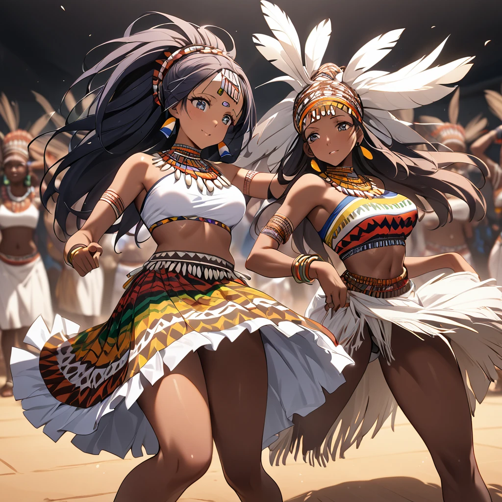 ((Highest quality)), ((masterpiece)), (detailed), （Perfect Face）、The woman is Reika Aoki, a native dancer from Ghana, Africa, with medium-long hair.、A woman is dancing an African native tribal dance in Ghanaian native African tribal dance costume and with a Ghanaian hairstyle