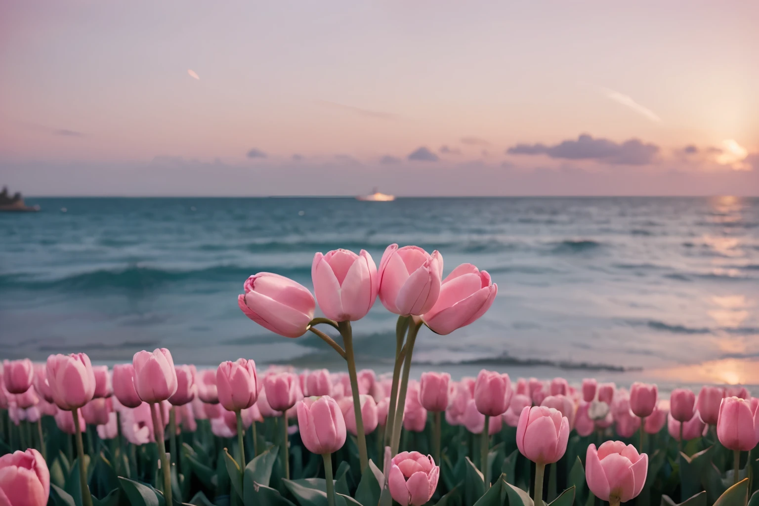 create a good quality image with pastel pink backgrounds, warm lights and the sea, must contain tulips in pink tones