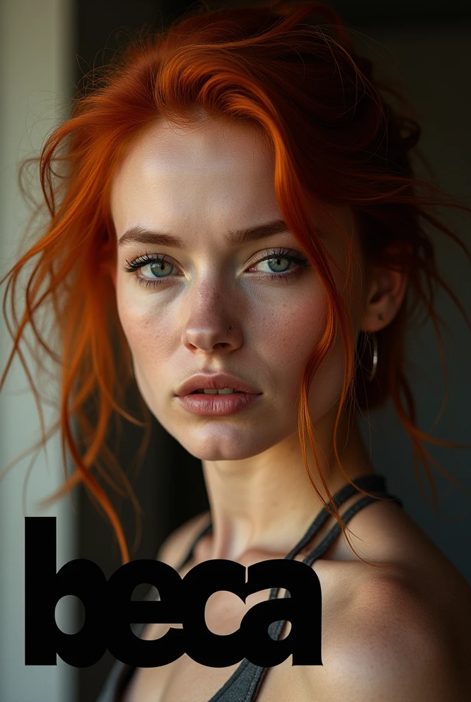 Same badass redhead model with writing in the foreground "BECA"