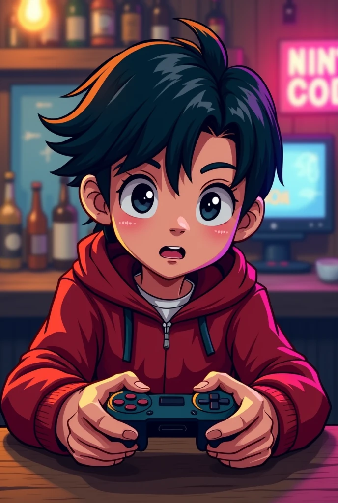 Create a mascot logo where the mascot is a gamer boy with dark black hair wearing a red sweater and playing GTA 5 at the bar