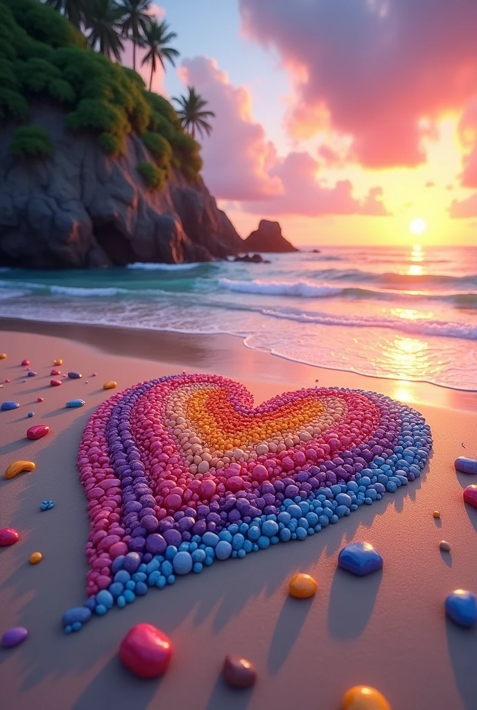 Create a vibrant, surreal beach scene during a stunning sunset. The sky is painted with rich shades of orange, pink, and purple, with fluffy clouds reflecting the soft light of the setting sun. The beach is serene, with smooth wet sand reflecting the colors of the sky, creating a mirror-like effect.

On the beach, there is a large heart-shaped design made of colorful pebbles and stones. The heart is filled with a variety of smaller, smooth stones and pebbles in shades of pink, blue, yellow, and orange, arranged harmoniously. Smaller heart shapes are scattered across the beach, with some floating gently in the air, adding a whimsical touch to the scene.

The waves gently lap against the shore, leaving behind intricate patterns of foam that also resemble heart shapes. In the distance, a rocky cliff covered in lush greenery adds depth to the landscape, while the sun sets on the horizon, casting a warm glow over the entire scene. The atmosphere is magical and romantic, with a dreamlike quality that evokes feelings of love and tranquility.